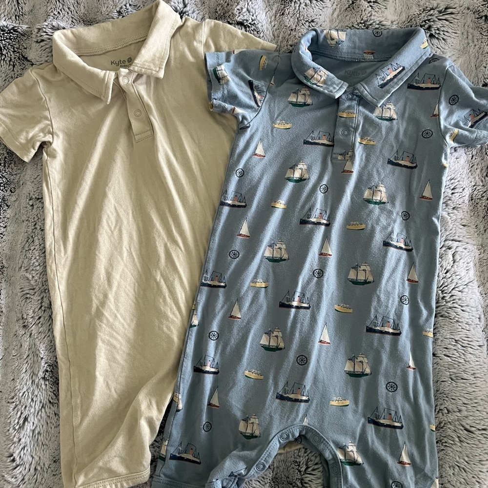 Kyte BABY Cream and Blue Nautical Polo Shortall Set